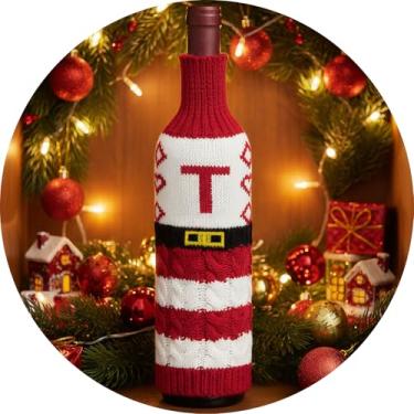 Imagem de Suéter de Natal para garrafa de vinho com letra A – Z, garrafas de manga de malha, decoração de mesa, reutilizável, roupa de garrafa estilo Papai Noel