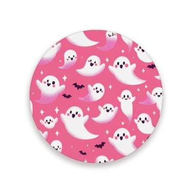 Imagem de JUZIHAI Conjunto de 2 porta-copos fofos fantasmas do Dia das Bruxas, porta-copos redondos absorventes de pedra de cerâmica com base de cortiça, tapete de proteção de mesa para cozinha, bar, decoração