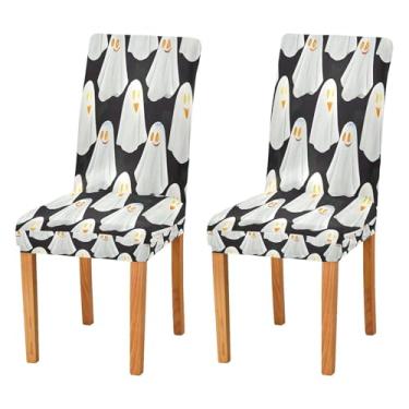 Imagem de Qilmy Conjunto de 2 capas elásticas para cadeira de jantar Halloween Boo, laváveis e removíveis, para sala de jantar, cozinha, hotel, banquete, festa, protetores de cadeira