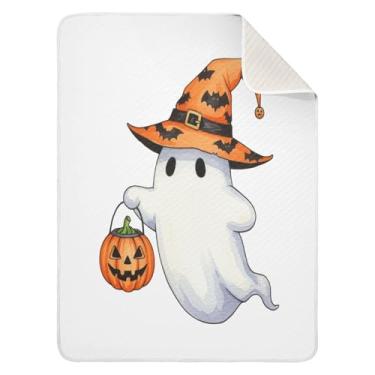 Imagem de Qilmy Cobertor de bebê Halloween Pumpkin Boo 76 x 101 cm, cobertor infantil de algodão macio para meninos e meninas, cobertor leve e quente para bebês de berço, carrinho de bebê, soneca, recém-nascido