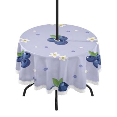 Imagem de Qilmy Toalha de mesa Blueberry redonda impermeável de 152 cm com orifício para guarda-chuva e zíper – uso externo / interno resistente para pátio, churrascos, piqueniques, festas (serve para mesas