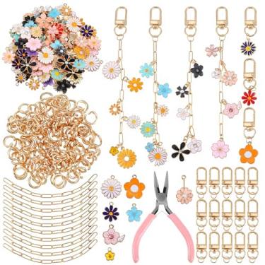 Imagem de 266 peças de ouro DIY kit de fabricação de chaveiros, joias charmosas, artesanato com 100 pingentes de flores, 20 clipes de chaveiro, 120 anéis de salto, 25 extensores de corrente e alicate para
