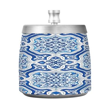 Imagem de Qilmy Cinzeiro azul marroquino de aço inoxidável com tampa - Cinzeiro de cigarro à prova de vento sem cheiro sem fumaça para casa, escritório, carro, pátio, varanda (uso interno e externo)