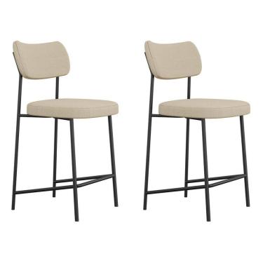 Imagem de Kit 02 Banquetas Médias Para Cozinha Lila Estofada Com Encosto Linho Bege - Desk Design