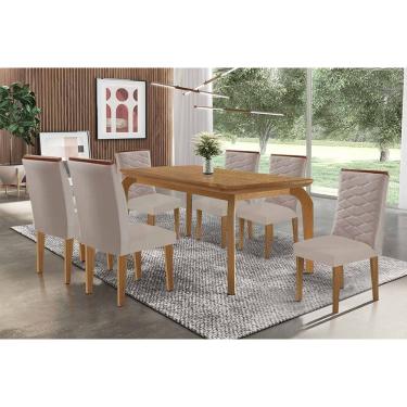 Imagem de Sala Jantar Mesa Londrina Tampo Curvo 180cm+6 Cadeiras Maldivas Madeira Naturale - Capuccino/Suede Capuccino - Rufato
