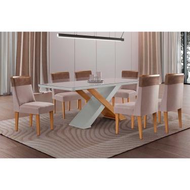 Imagem de Sala Jantar Mesa Imperatriz Tampo c/ Vidro Curvo 180cm+6 Cadeiras Jaspe Madeira Naturale/Off White - Capuccino/Linho Capuccino - Rufato