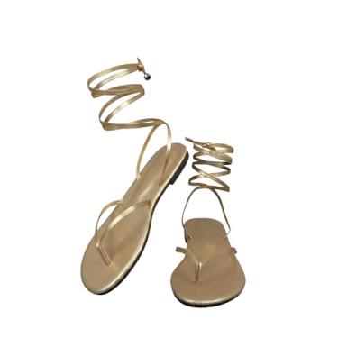 Imagem de OYOANGLE Sandálias femininas metálicas com tira no tornozelo e bico aberto, sandálias gladiadoras modernas cruzadas, Dourado, 38