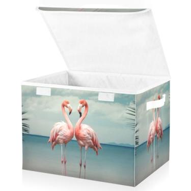 Imagem de Blueangle Cestos de armazenamento de flamingos rosa tropical com tampas, 42 x 32 x 30 cm, grande cesta organizadora dobrável para decoração de casa e escritório (36)