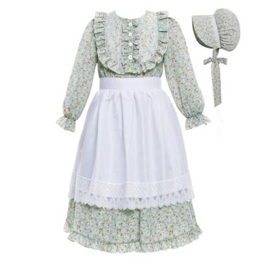 Imagem de Vibsion Fantasia De Pioneira Para Meninas, Vestido Peregrina, Floral Crianças, Vila Colonial, Conjunto Avental Com Touca, 3 Peças, Tamanho Grande