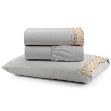 Imagem de Jogo Cama Lençol Haia Solteiro Percal 200 Fios 100% Algodão Guipir Bordado Inglês 3 Peças - Cinza