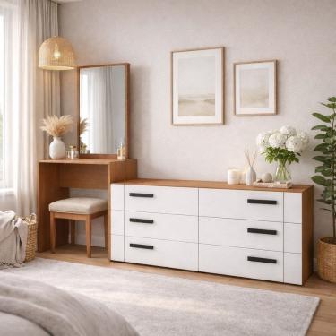 Imagem de Cômoda Penteadeira 6 Gavetas Lisboa Branco/Freijó