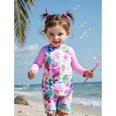 Imagem de Maiô Shortinho Infantil Manga Longa Rosa Sereias com zíper - Tamanho 3 anos