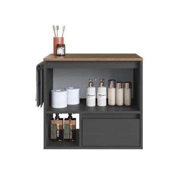 Imagem de Gabinete de Banheiro Suspenso 1 Nicho 1 Toalheiro 1 Porta e 1 Gaveta 60cm Marrom/Grafite - BH8050MG