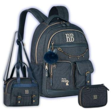 Imagem de Kit Mochila Rebecca Bonbon Costas Lancheira Jeans E Estojo Cor:Azul - 