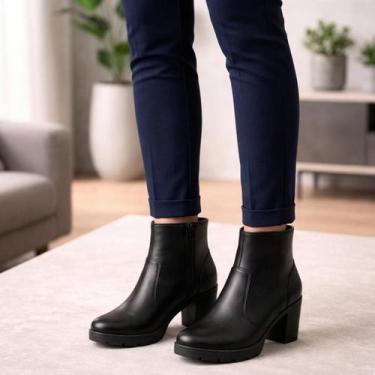 Imagem de Bota Cano Curto Feminina Lisa Salto Bloco Grosso Alto Bico Redondo Con