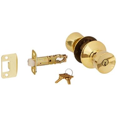 Imagem de Schlage Maçaneta de porta F51ABEL505 de latão polido vitalício com chave de entrada F51A à prova de pânico