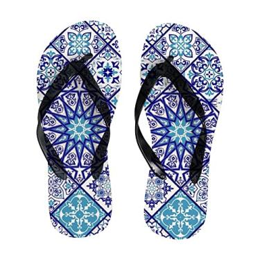 Imagem de Chinelo feminino azul marinho marroquino patchwork slim sandália de praia leve de verão para mulheres e homens chinelos de viagem, Multicor, 10-11 Narrow Women/8-9 Narrow Men