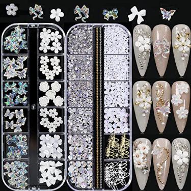 Imagem de Borboleta acrílica 3D flores brancas urso unhas amuletos de unhas bonitos amuletos de unhas misturados estrelado AB cristal unhas strass vários tamanhos pedras de cristal para arte