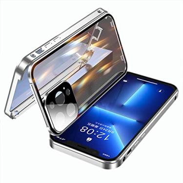 Imagem de Capa com fivela dupla face para iPhone 13 Pro Max/13 Pro/13, Capa bumper com proteção de tela de lente de câmera Proteção total do corpo Moldura de metal Tampa de vidro transparente, Prata, 13pro max 17 cm
