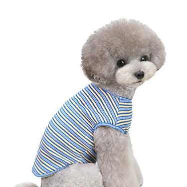 Imagem de Heave Camiseta para cães de estimação listrada colorida colete para animais de estimação respirável verão sem mangas pequena média roupa para gatos azul P