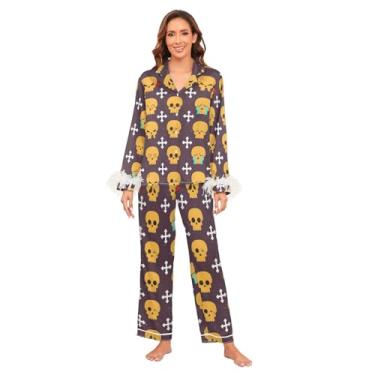 Imagem de GuoChe Pijama de cetim clássico com botão e punho de penas para mulheres, conjunto de calças de pijama longo para mulheres, pijama de festa única P, Caveira amarela, Happy Halloween, roxo, GG
