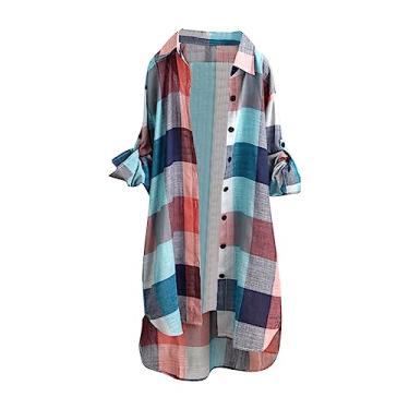 Imagem de Camiseta feminina para inverno, outono, gola alta, chiffon, caimento solto, cardigã xadrez longo 2024, Q-967 Vermelho, 3G