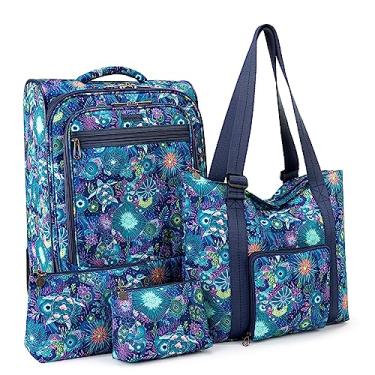 Imagem de Sakroots Pacote de viagem de 4 peças em movimento, inclui mala com rodinhas de 53 cm, bolsa grande embalável, bolsas médias e pequenas, paisagem marinha azul royal, Azul royal, 14.5IN x 9.5IN x 21.5IN