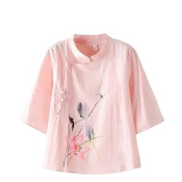 Imagem de Camiseta feminina estilo chinês Cheongsam de linho de algodão solto verão gola alta fivela floral bordado top, Rosa 3, M
