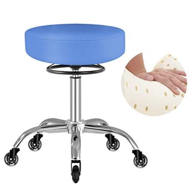 Imagem de Mineloff Banqueta com rodas com rodas capacidade de peso de 180 kg, cadeira de cílios resistente ajustável para tatuagem, laboratório, massagem, salão, spa, desenho de unhas, giro 360, couro, enchimento grosso de assento (azul)