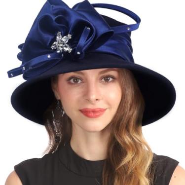 Imagem de Chapéu feminino 100% lã feltro inverno anos 20 vintage cloche igreja festa chapéu social, Z016 - azul-marinho, tamanho �nico