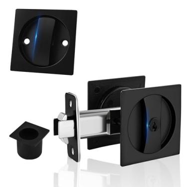 Imagem de Fechadura de porta de bolso com chaves preto fosco trava de porta de bolso e puxador de borda contemporânea para cama/banho/cozinha/porta de celeiro (fundo de 6 cm, para porta de 3 a 6 mm de