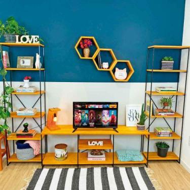 Imagem de Kit Sala de TV de Ferro e Madeira Industrial Grande e Duas Estantes To