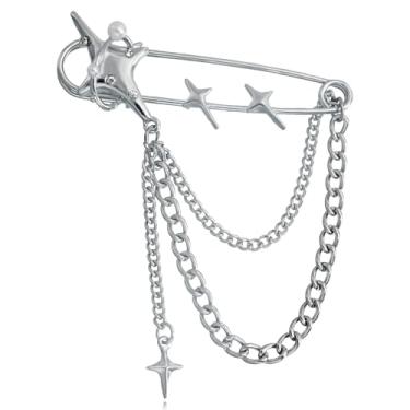 Imagem de Broche punk de corrente longa, alfinete de segurança moderno retrô para pendurar correntes de colarinho broches para mulheres, broche de casaco de colarinho legal para alfinetes de corsage masculinos,