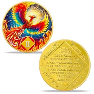 Imagem de Presentes de moeda de sobriedade de 2 anos | New Radiance Phoenix NA Coin - Medalhão de chip NA HA AA com oração de serenidade | Presentes de narcóticos, alcoólicos anônimos para o mês de aniversário