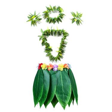 Imagem de Colares Havaianos Hula Folha Grama Saia Pulseiras Tiara Luau Artigos de Festa (5 peças) Verde, Verde, Tamanho Único