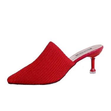 Imagem de EGEBS Sandálias femininas de malha fechada bico fino salto gatinho mules moda respirável malha slip-on stiletto sandálias para festa baile encontro elegante slides, Vermelho, 36