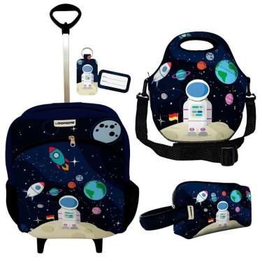 Imagem de Kit Mochila Escolar Infantil Rodinhas Lancheira Estojo Isoprene Astronauta