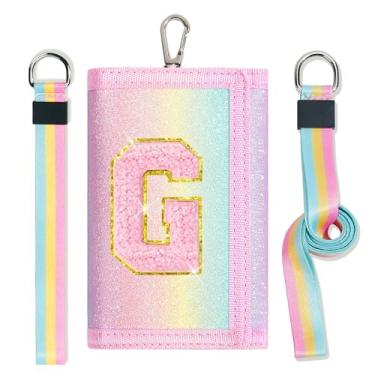 Imagem de cotmcor Carteiras infantis para meninas, adolescentes, 6-8, 8-10 anos, linda bolsa infantil com inicial de rebanho, bolso para moedas, glitter, arco-íris, carteira transversal para presentes de