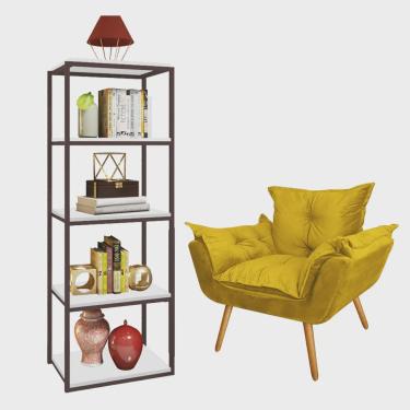 Imagem de Kit Poltrona Fatte com Estante Livreiro Ferro Marrom mdf Branco Suede Amarelo - Ahazzo Móveis