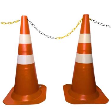 Imagem de 2 Cones de Sinalização para Estacionamento 75cm e 2m de Corrente de Isolamento (Laranja e Branco)