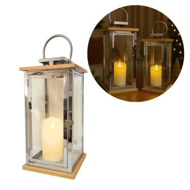 Imagem de Lanterna Decorativa Iluminada Luxo Inox e Madeira Prime 46cm com Vela LED - Empório Decor