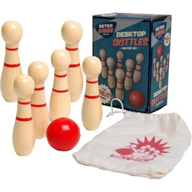 Imagem de Jogo de Boliche de Mesa Retro Games, 6 Pinos em Madeira, Bola Vermelha e Bolsa para Armazenamento, Branco