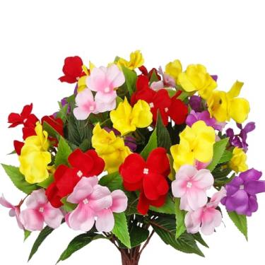 Imagem de CITYES 4 peças de flores artificiais para atividades ao ar livre Impatiens resistentes a UV flores de seda hibisco artificiais impatiens flores para vasos ao ar livre, pátio, jardim, cesta, varanda