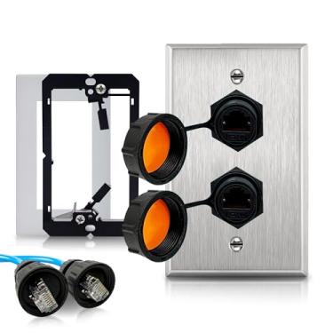 Imagem de ETS Placa de parede única de aço inoxidável com conector duplo IP68 à prova d'água RJ45 CAT6 tipo de conexão do acoplador, tampa do conector, glândula de cabo com suporte de montagem de baixa tensão e