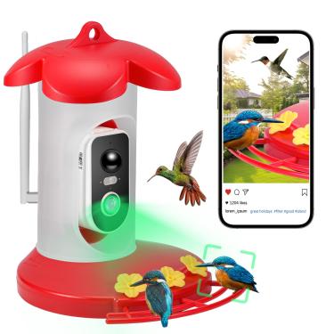 Imagem de Alimentador de beija-flor com câmera 2,4 G WiFi sem fio 2K transmissão ao vivo 120 graus de largura anjo em tempo real notificação automática IA identifica alimentador de pássaros câmera ao ar livre