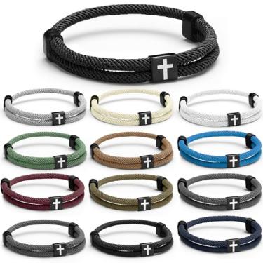 Imagem de Landical 12 pulseiras trançadas cruzadas para homens mulheres cristãs corda ajustável Jesus pulseiras com nó de metal presentes de batismo cristão, about 5.12 inch to 10.63 inch, Nylon, nylon