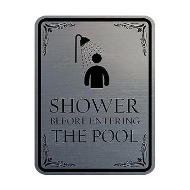 Imagem de Signs ByLITA Retrato de chuveiro redondo antes de entrar na porta da piscina ou placa de parede plástico ABS durável | Gravação a laser | fácil instalação | Design elegante | Placa de segurança para