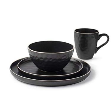 Imagem de Conjunto de pratos de 16 peças La Rochelle com pratos de salada e jantar, copos de café e tigelas de sopa, feito com Mercerie Reactive, acabamento texturizado preto elegante, uso decorativo para cozinha e jantar (preto)