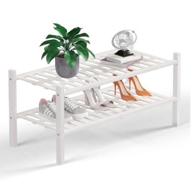 Imagem de Haddockway Organizador de armazenamento de sapatos de bambu de 2 níveis, prateleira empilhável multifuncional com painel de grade para armário, corredor, entrada, espaço pequeno 68 x 28 x 33 cm