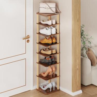Imagem de LUCKNOCK Sapateira vertical, organizador de sapatos estreito de 8 camadas para entrada, armário, dormitório e espaços pequenos, torre de prateleira de sapatos de madeira independente para botas, tênis